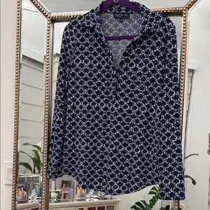 Jones New York Geometric Navy and Cream Button Down Shirt